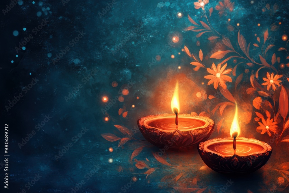 Two lit candles in a blue background Two lit candles in a blue background