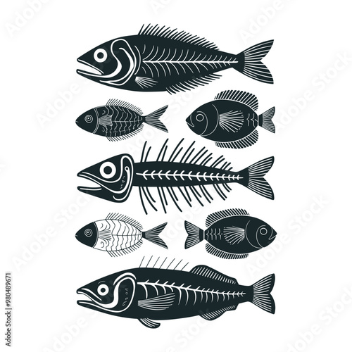 Fish skeleton set silhouette design