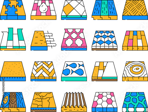 Floor Material Layers Renovation Icons Set Vector. Tile And Parquet, Stone And Wooden Floor Material, Linoleum And Carpet, Children Play Room And Sport Ground Flooring Contour Illustrations