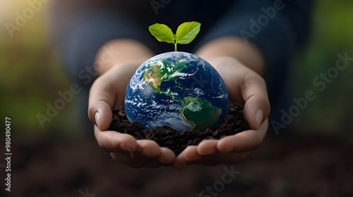 A human hand cradling a small Earth with a green sprout, symbolizing growth and environmental care.