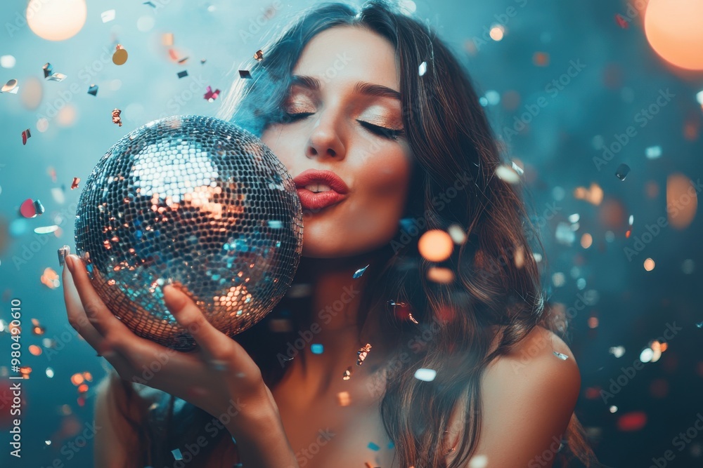 Naklejka premium Young woman holding a sparkling disco ball with festive confetti falling around her