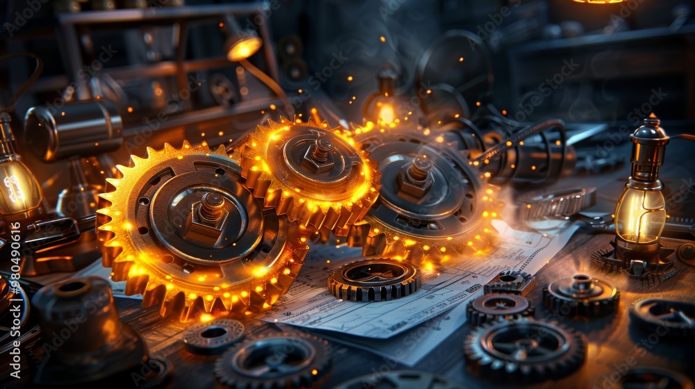 Glowing Cogs and Gears on a Workshop Table with Blueprint Glowing Cogs and Gears on a Workshop Table with Blueprint