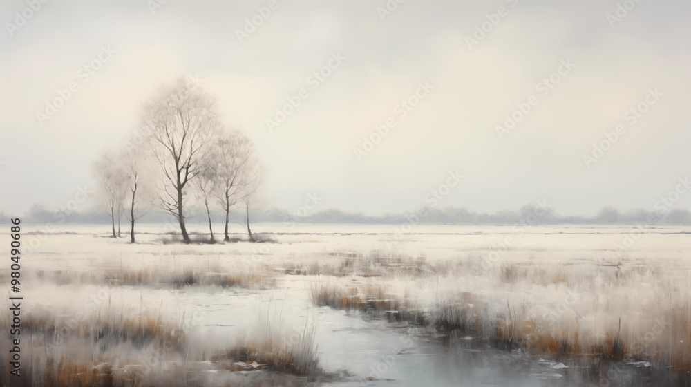 Watercolor winter landscape, serene mood, bare trees by the water and grassy marsh, soft background with copy space Watercolor winter landscape, serene mood, bare trees by the water and grassy marsh, soft background with copy space