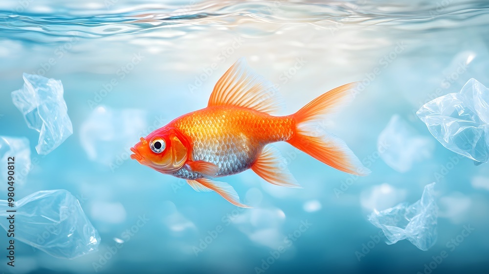 A vibrant goldfish swims gracefully through clear water filled with floating plastic waste, highlighting environmental concerns. A vibrant goldfish swims gracefully through clear water filled with floating plastic waste, highlighting environmental concerns.