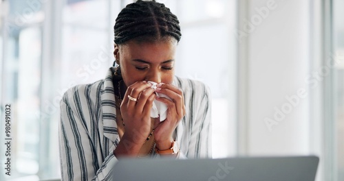 Canvastavla Black woman, sick employee and blowing nose in office, allergies and tissue for virus influenza