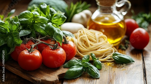 Fresh Tomatoes, Basil, Pasta, and Olive Oil on Wooden Cutting Board