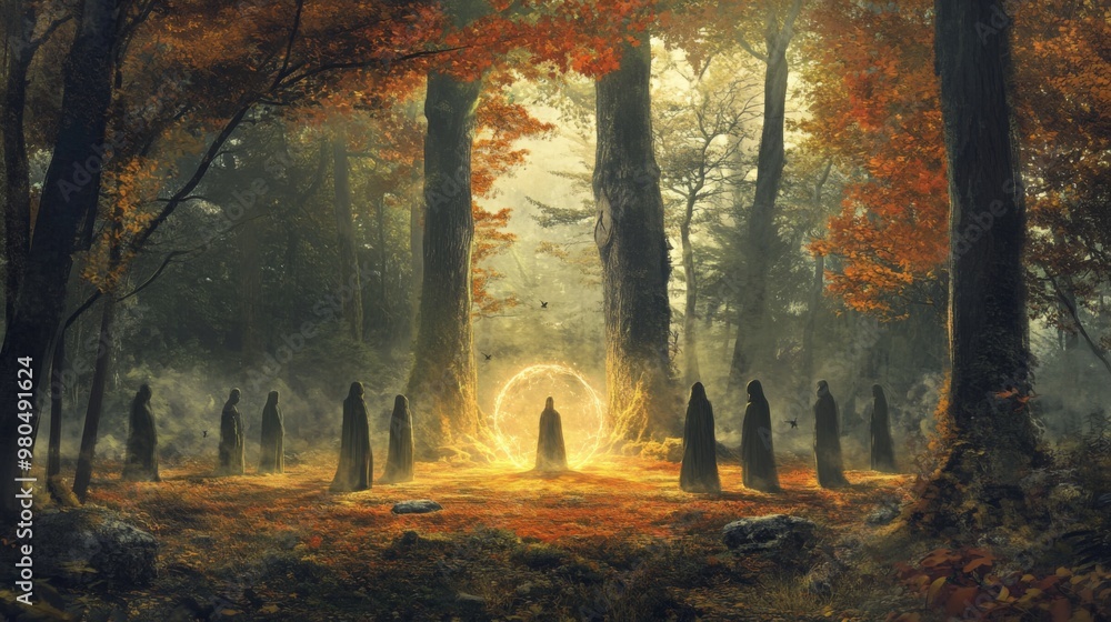 An autumnal forest scene with tall trees, golden leaves, and fog An autumnal forest scene with tall trees, golden leaves, and fog