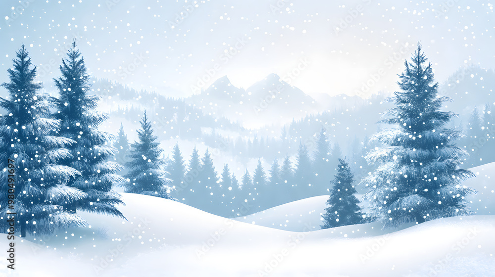 Obraz premium Winter snowfall landscape with snowy trees on the hills. Christmas and New Year holiday greeting card illustration