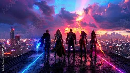 Superhero Team Standing on Rooftop at Night with Cityscape in Background