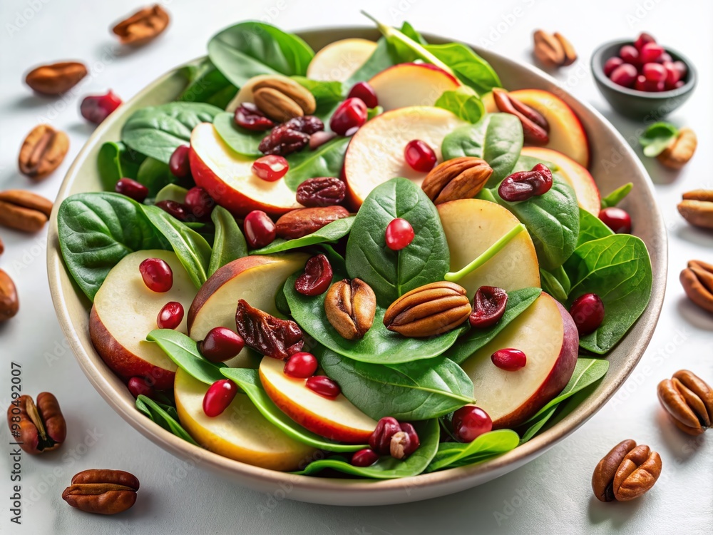 Fresh baby spinach leaves mingle with crunchy apple slices, toasted pecan nuts, and sweet dried cranberries on a clean white background, perfect for a healthy vegan salad recipe. Fresh baby spinach leaves mingle with crunchy apple slices, toasted pecan nuts, and sweet dried cranberries on a clean white background, perfect for a healthy vegan salad recipe.