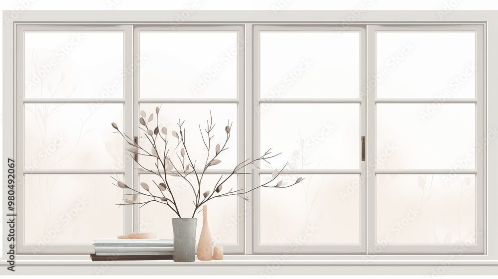 Fototapeta premium Watercolor indoor scene, minimalist mood, vase with branches and books on the windowsill, soft background with copy space