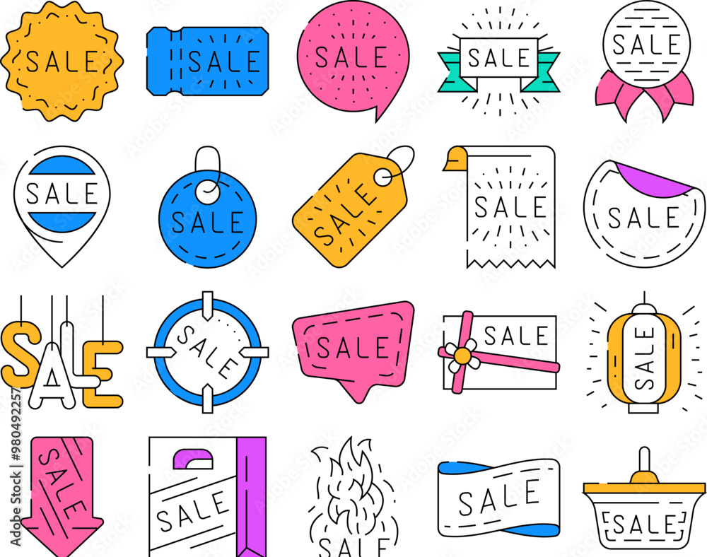 Summer Sale And Season Discount Icons Set Vector. Summer Sale Banner And Ribbon, Quote Frame And Present Gift Coupon, Label And Trinket, Lighting Lantern And Ceiling Lamp Contour Illustrations Summer Sale And Season Discount Icons Set Vector. Summer Sale Banner And Ribbon, Quote Frame And Present Gift Coupon, Label And Trinket, Lighting Lantern And Ceiling Lamp Contour Illustrations
