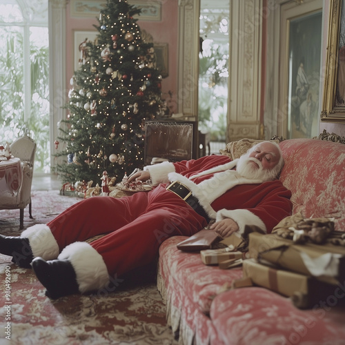 An exhausted Santa Claus dozes off after delivering gifts, mistakenly in the wrong house, surrounded by Christmas decorations, gifts, and remnants of festive chaos. photo