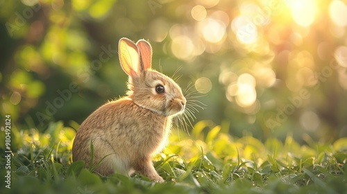 A cute brown rabbit sits in a grassy field with a soft sunlit background.