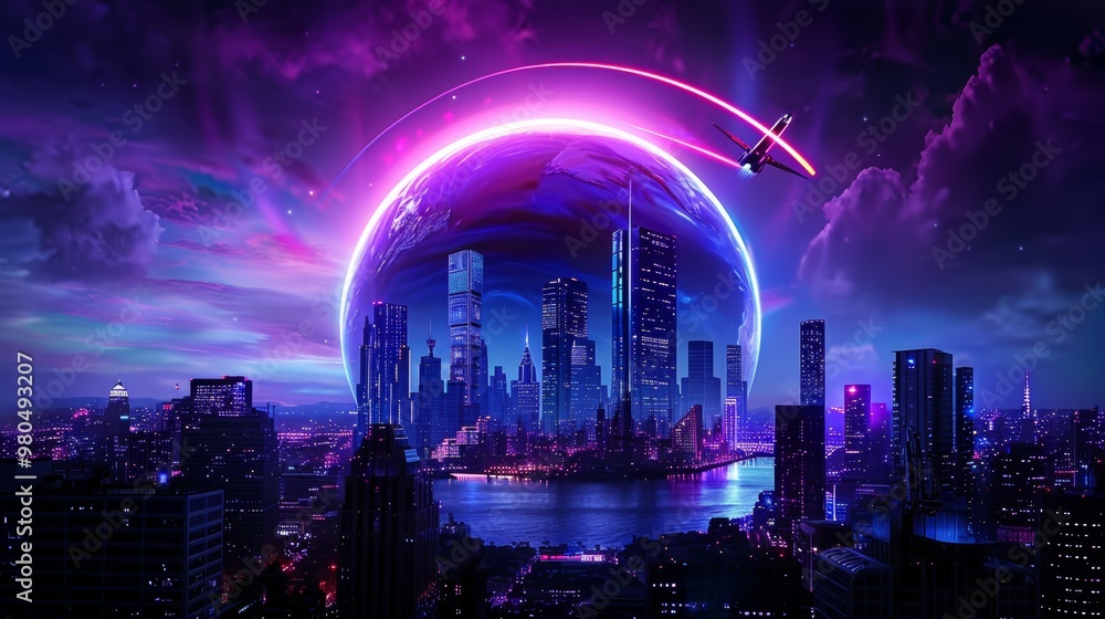 Obraz premium Futuristic Cityscape with Neon Lights and Flying Airplane at Night