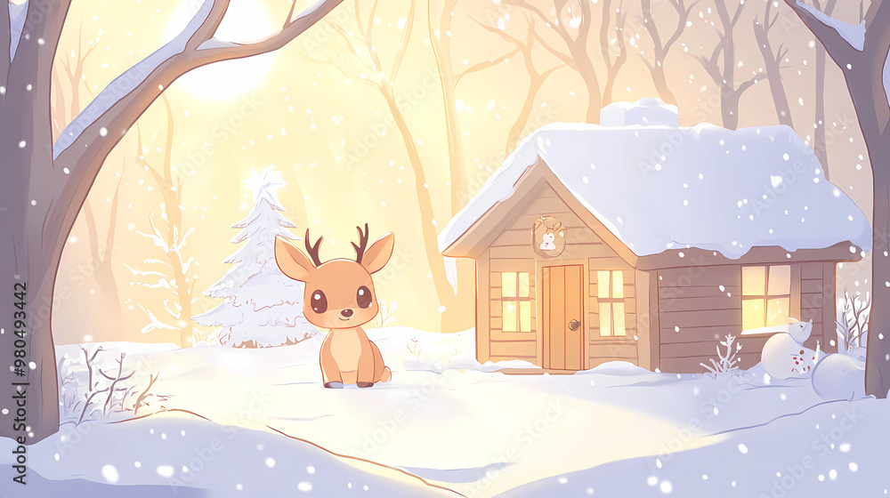 Naklejka premium Christmas Card with reindeer night winter scene in Watercolor, generated ai