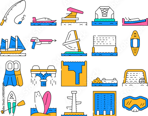 Water Sports Active Occupation Icons Set Vector. Kayak And Sap Board, Freediving Pool And Swimming, Volleyball And Basketball Water Sports, Fishing And Spearfishing Contour Illustrations