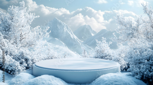 winter wonderland product podium snowy landscape for showcase 3d rendering