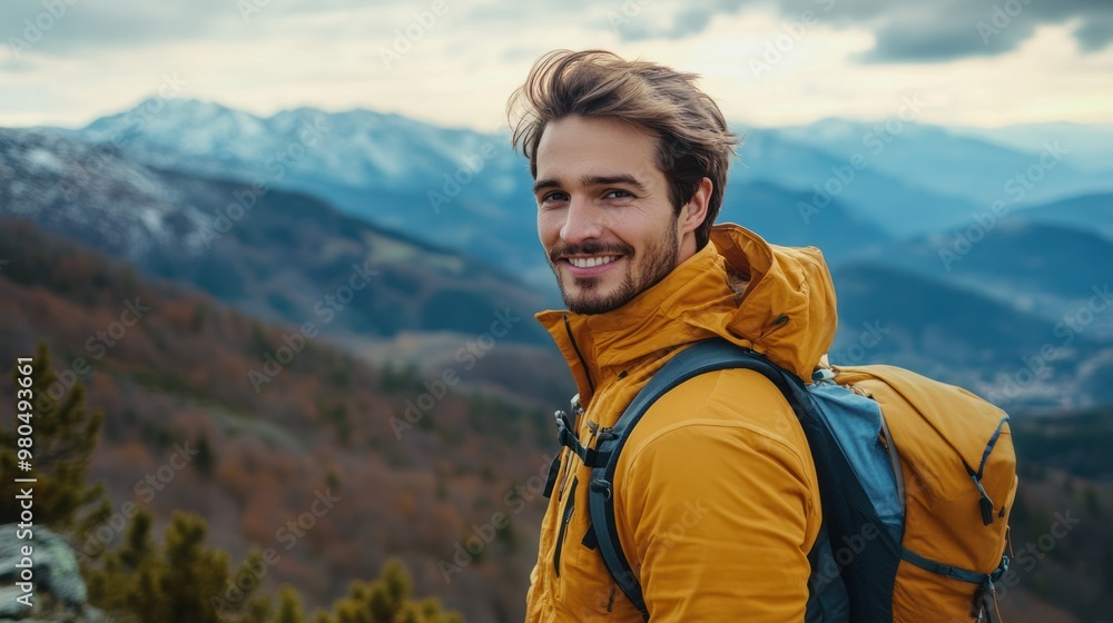 Handsome man enjoying a scenic mountain hike, taking in the view with a contented smile Handsome man enjoying a scenic mountain hike, taking in the view with a contented smile