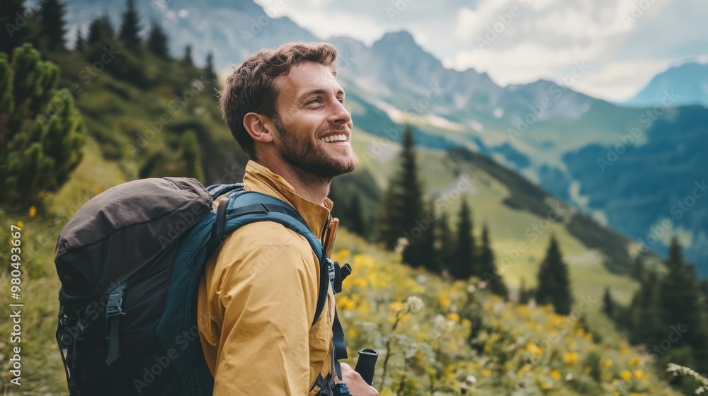 Handsome man enjoying a scenic mountain hike, taking in the view with a contented smile Handsome man enjoying a scenic mountain hike, taking in the view with a contented smile