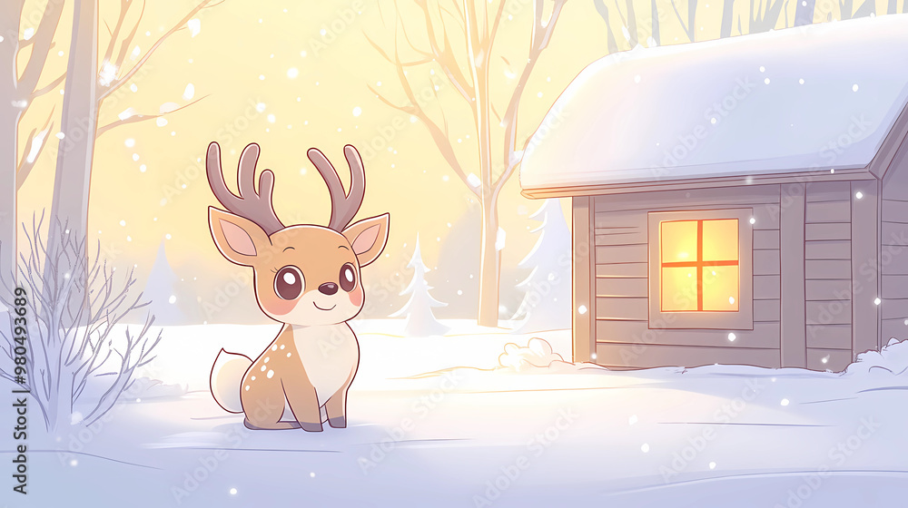 Obraz premium Christmas Card with reindeer night winter scene in Watercolor, generated ai