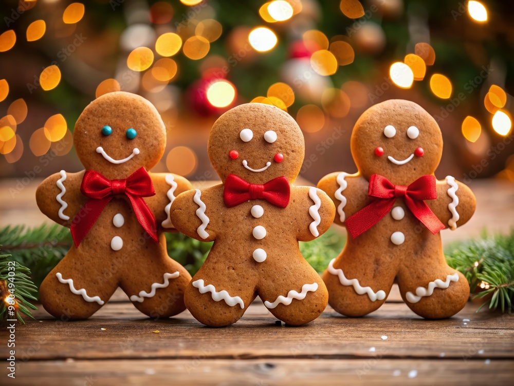Three festive gingerbread men adorned with white icing and red ribbons sit on a wooden table in front of a blurred Christmas tree background with bokeh lights. Three festive gingerbread men adorned with white icing and red ribbons sit on a wooden table in front of a blurred Christmas tree background with bokeh lights.