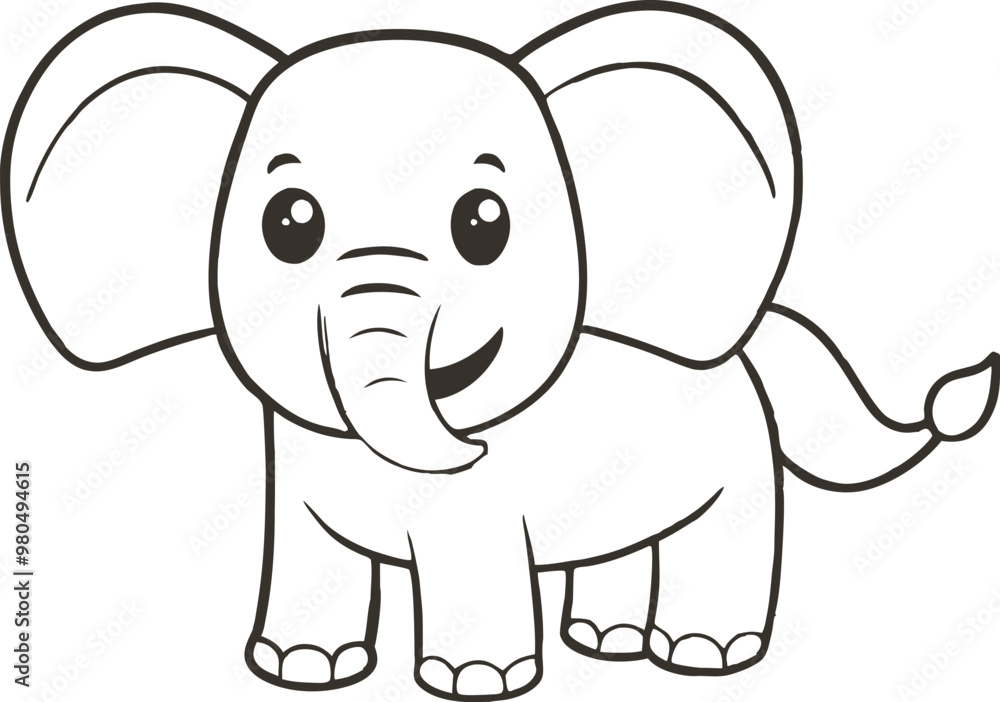Naklejka premium Doodle elephant outline simple cartoon Illustration of a Gray Elephant with Large Ears and a Trunk