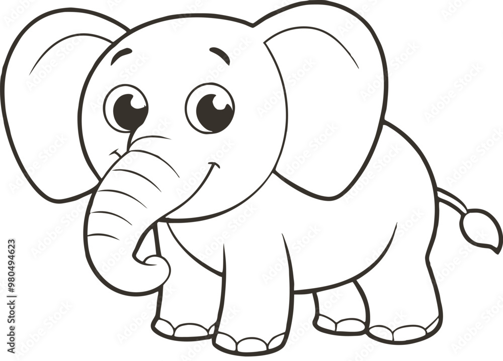Fototapeta premium Doodle elephant outline simple cartoon Illustration of a Gray Elephant with Large Ears and a Trunk