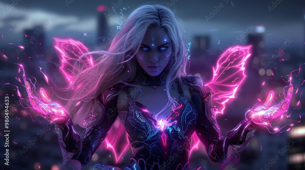 Cyberpunk Fantasy Woman with glowing wings and magic Cyberpunk Fantasy Woman with glowing wings and magic