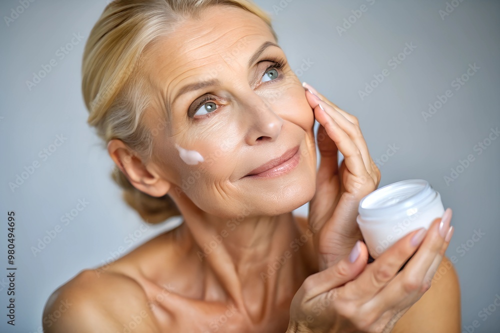 An adult woman carefully applies cream to her face. The concept of facial skin care, the development of cosmetology, advertising of beauty salons. An adult woman carefully applies cream to her face. The concept of facial skin care, the development of cosmetology, advertising of beauty salons.
