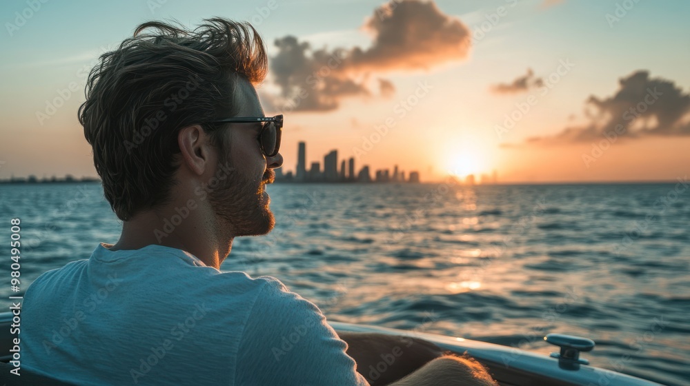 Handsome man enjoying a sunset boat ride with the city skyline in the distance Handsome man enjoying a sunset boat ride with the city skyline in the distance