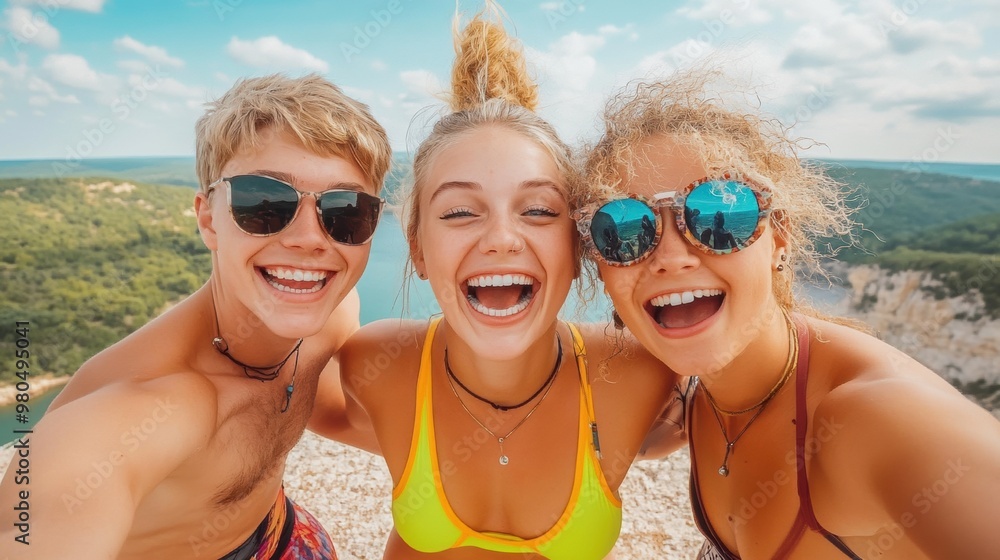 Three young women in bikinis taking a selfie on the beach, AI Three young women in bikinis taking a selfie on the beach, AI