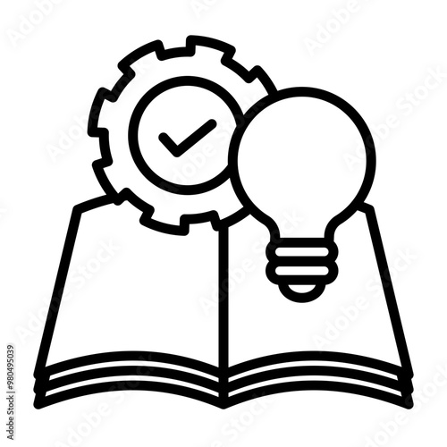 An icon representing know-how. A book with a gear and a light bulb on it.