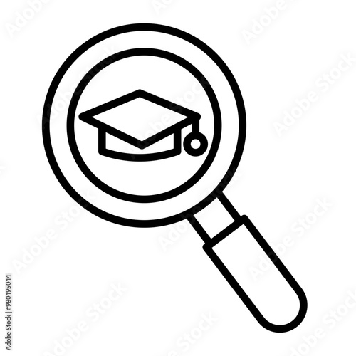 Icon representing analysis and learning. with a magnifying glass and a graduate cap.