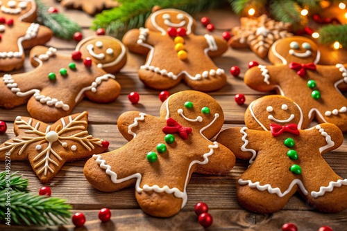 Vibrant festive closeup of assorted gingerbread men cookies freshly baked and arranged on a wooden table against a warm white background.