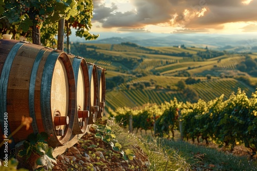 Wooden barrels rest on a hillside vineyard overlooking a scenic sunset over rolling hills.