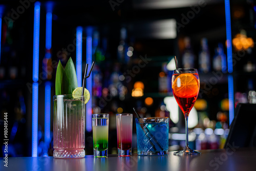 Cocktails set on a bar at Casino. Cocktails assortment.