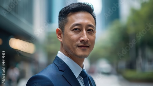 Confident Asian Businessman in Suit with Blurry Business District Background