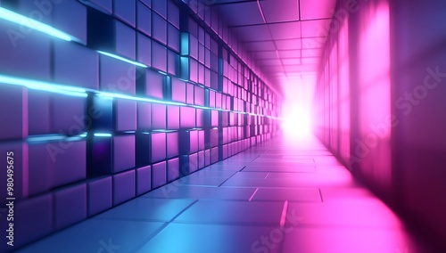 3D render, an abstract geometric background tunnel with neon blue and purple lights shining on the wall of blocks in. 