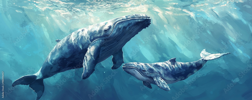 Fototapeta premium Whale and calf swimming together in ocean, showcasing beauty of marine life. This serene moment captures nurturing bond between mother and child in their natural habitat