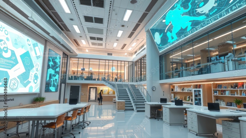 Fototapeta premium A futuristic, high-tech learning environment with sleek, modern classrooms, state-of-the-art laboratory facilities, and