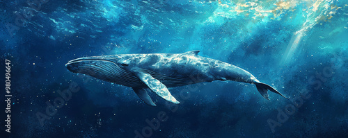 Wallpaper Mural Majestic whale swimming gracefully in ocean, showcasing its beauty and power in deep blue waters. serene environment highlights whales elegance and strength Torontodigital.ca