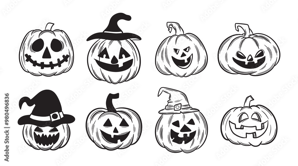 Obraz premium Set of halloween pumpkins. Halloween pumpkin sketch vector. pumpkins for Halloween on white background