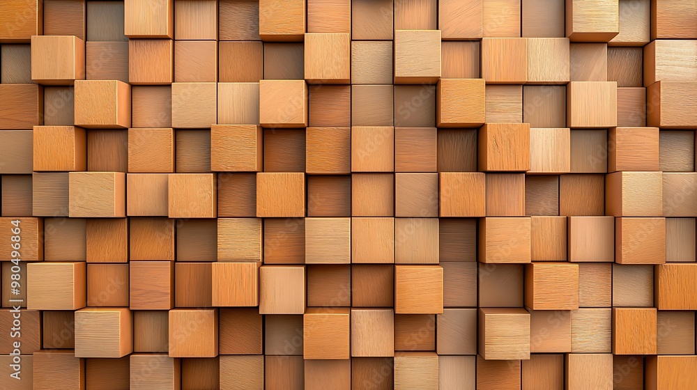 An abstract pattern of wooden blocks creates a textured wall backdrop. An abstract pattern of wooden blocks creates a textured wall backdrop.