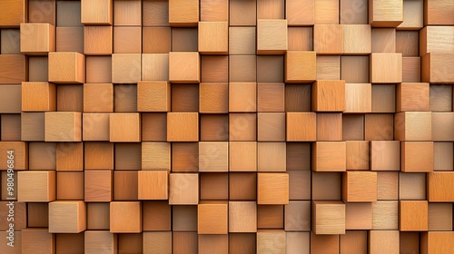 An abstract pattern of wooden blocks creates a textured wall backdrop.