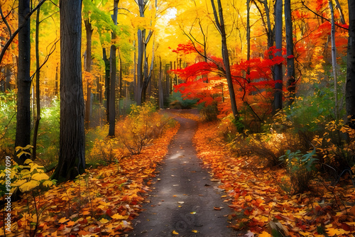 Vibrant Autumn Forest: A vast forest alive with the colors of fall—golden yellows, fiery reds, and burnt oranges.