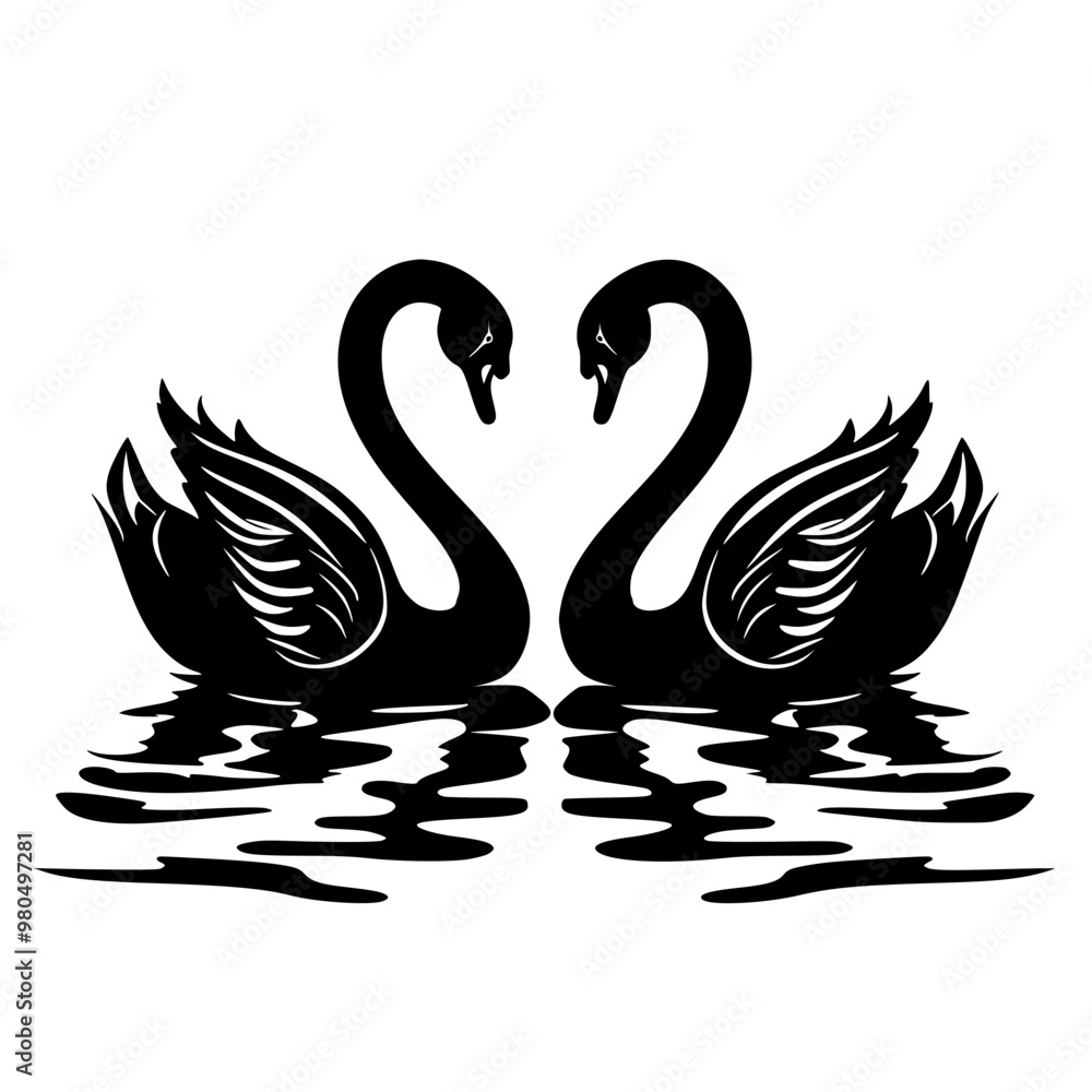 Romantic Black Swans Facing Each Other in Silhouette, Elegant silhouette of two black swans facing each other, wings spread, reflecting love and unity on calm waters.
Romantic Black Swans Facing Each Other in Silhouette, Elegant silhouette of two black swans facing each other, wings spread, reflecting love and unity on calm waters.