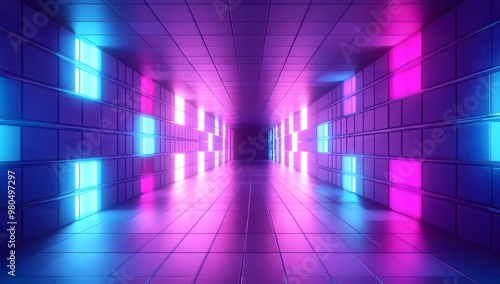 3D render, an abstract geometric background with neon blue and purple lights shining on the wall of blocks in a tunnel. 