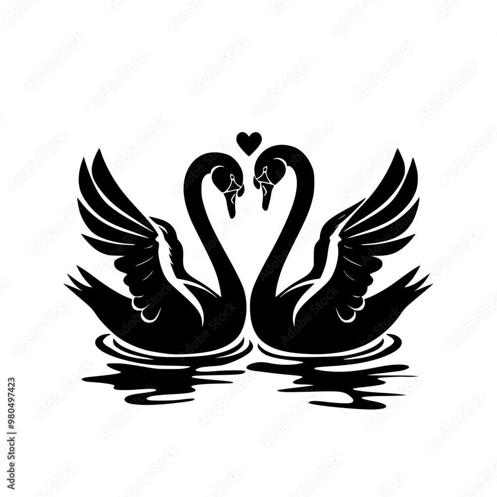 Fototapeta premium Romantic Black Swans Facing Each Other in Silhouette, Elegant silhouette of two black swans facing each other, wings spread, reflecting love and unity on calm waters. 