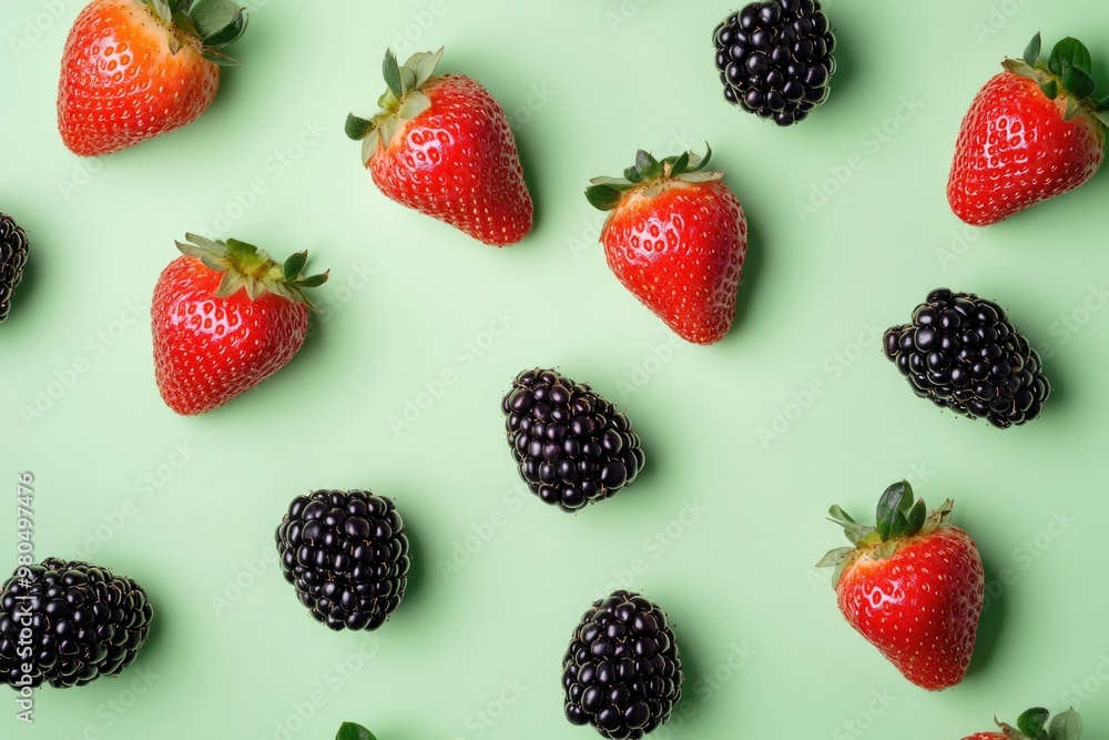 Fresh Summer Berries: Floating Strawberries and Blackberries on Green Background - Ideal for Food Design, Print, Card, Poster, and Stock Photography Fresh Summer Berries: Floating Strawberries and Blackberries on Green Background - Ideal for Food Design, Print, Card, Poster, and Stock Photography
